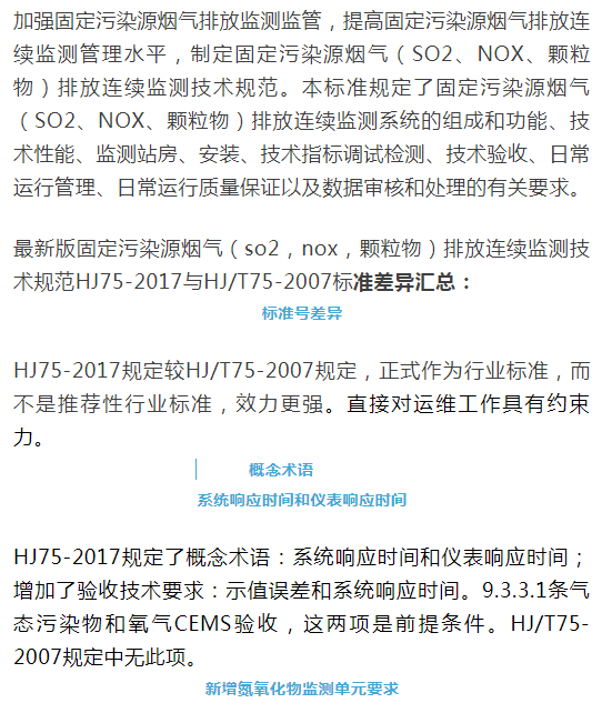 煙氣（so2，nox，顆粒物）排放連續監測技術規范 HJ75-2017與HJ/T75-2007標準究竟有何不同